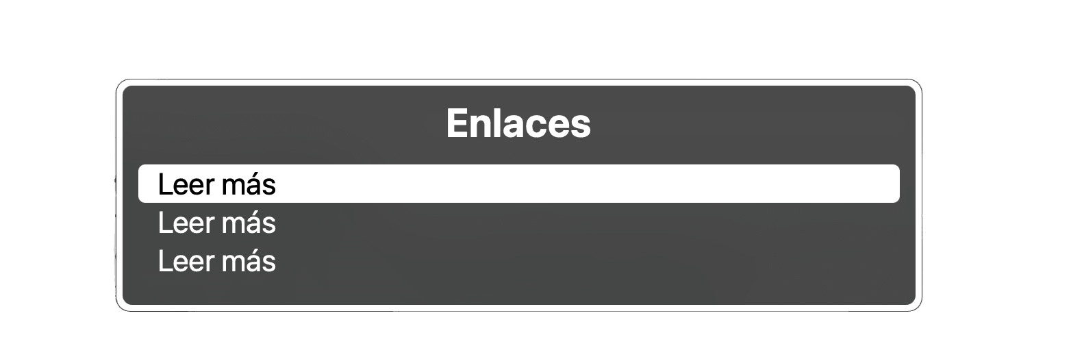 Lector de pantalla mostrando el menú de enlaces. Se muestra un cuadro de diálogo titulado 'Enlaces' con tres opciones idénticas que dicen 'Leer más