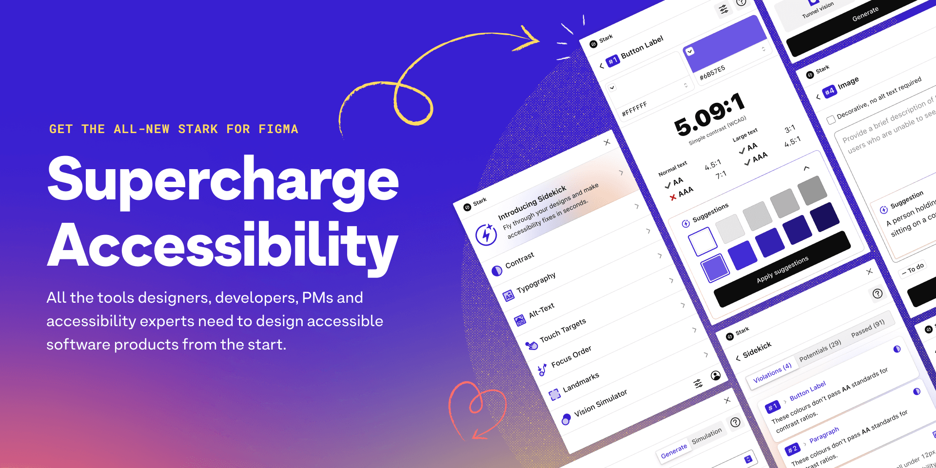 A la izquierda, texto en letras grandes blancas que dice Supercharge Accessibility con un texto introductorio: GET THE ALL-NEW STARK FOR FIGMA en la parte superior y debajo All the tools designers, developers, PMs and accessibility experts need to design accessible software products from the start. A la derecha se muestran varias interfaces del plugin, incluyendo un menú con opciones como Sidekick, Contrast, Typography y Vision Simulator, junto con una pantalla que muestra un análisis de contraste de color (5.0:1) con comprobaciones para estándares AA y AAA. Se ven elementos decorativos como una flecha amarilla y un corazón rojo.