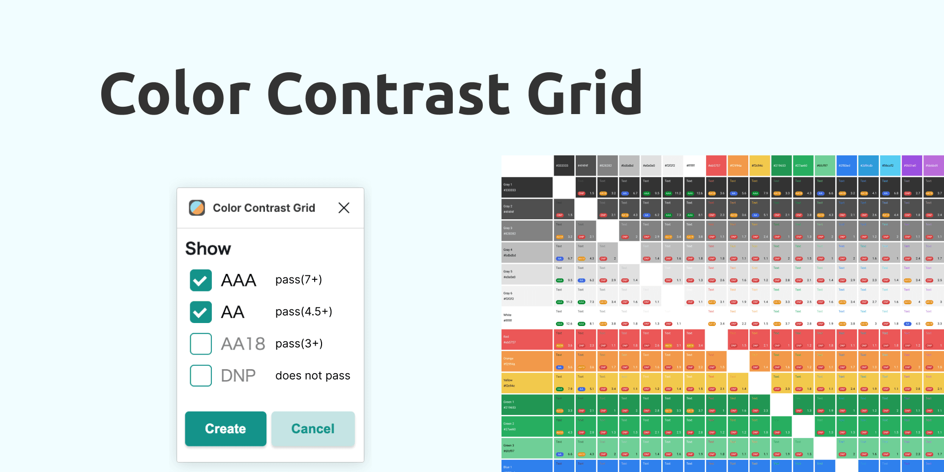 Pantalla dividida del plugin Color Contrast Grid para Figma. A la izquierda se muestra el panel de configuración con opciones para seleccionar estándares de accesibilidad (AAA, AA, AA18 y DNP) y sus respectivos valores de contraste mínimo. A la derecha aparece una matriz de contraste de colores que muestra diferentes combinaciones de una paleta con varios tonos, donde cada celda indica el ratio de contraste numérico y utiliza códigos de color para señalar si cumple o no con las pautas WCAG.