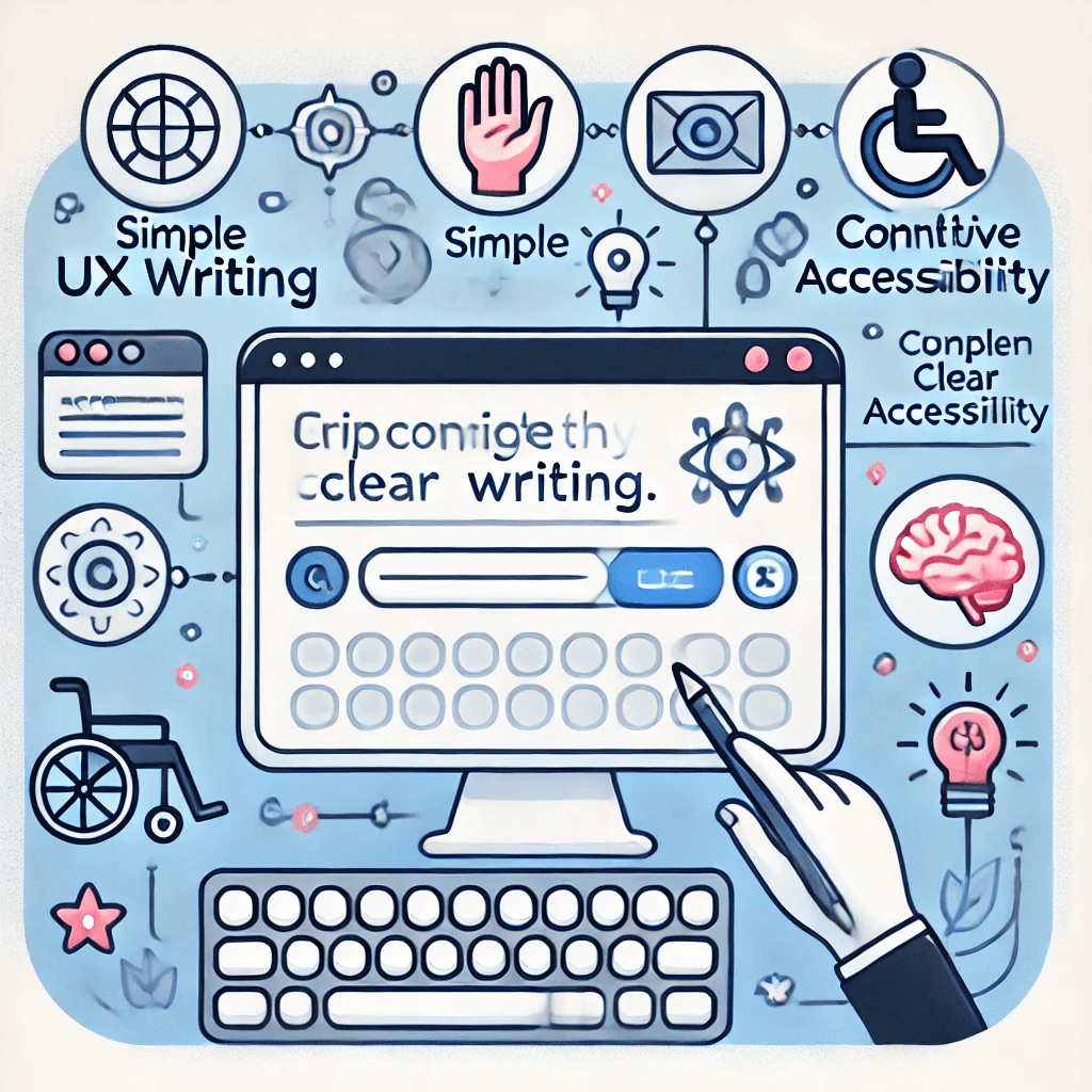 Ilustración sobre accesibilidad y UX Writing en estilo de dibujo. Muestra una pantalla de computadora central con un teclado y un cursor, rodeada de iconos relacionados con la accesibilidad