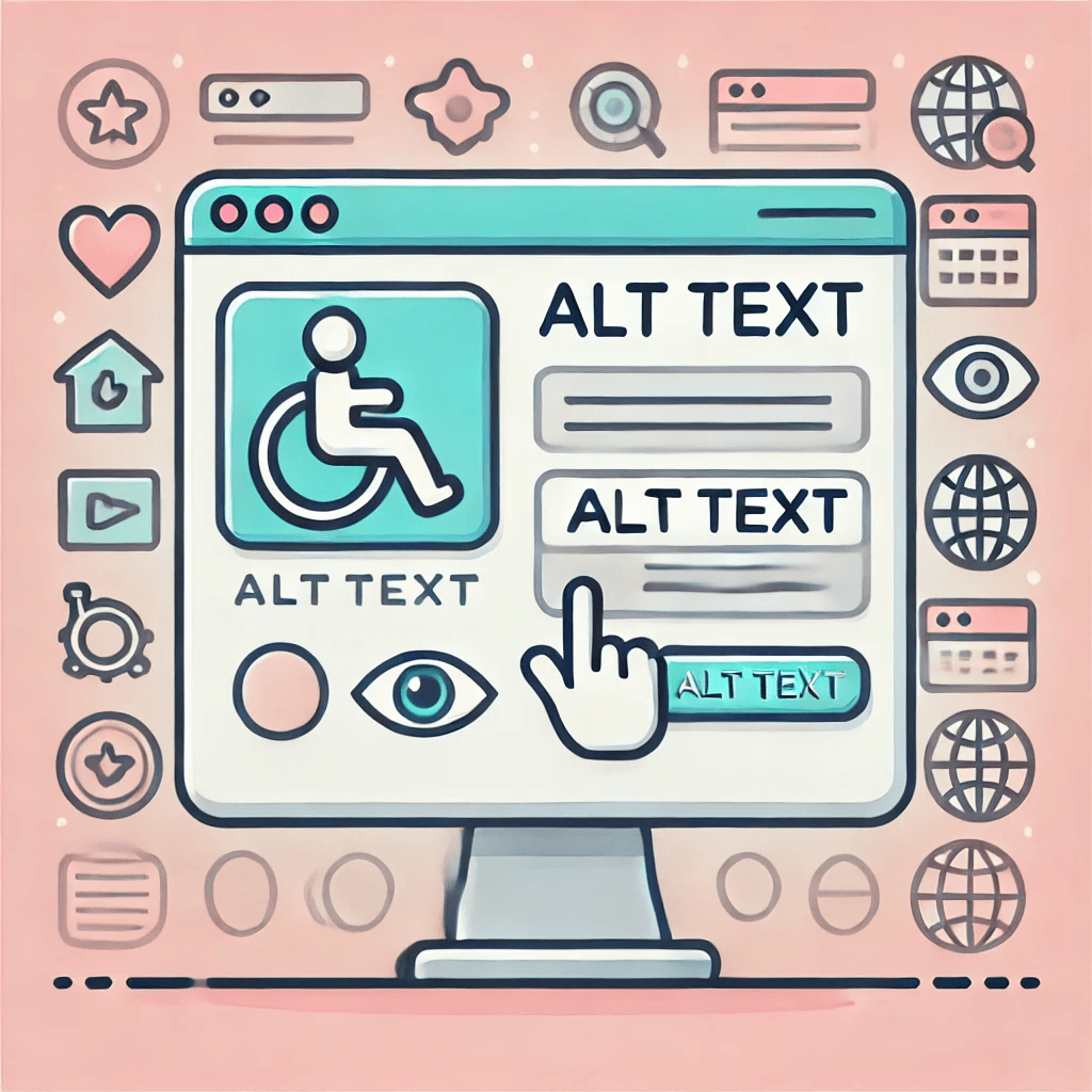 Ilustración de una pantalla de computadora mostrando una interfaz de accesibilidad web. En el centro hay un símbolo de silla de ruedas en color turquesa, rodeado de varios campos etiquetados como alt text