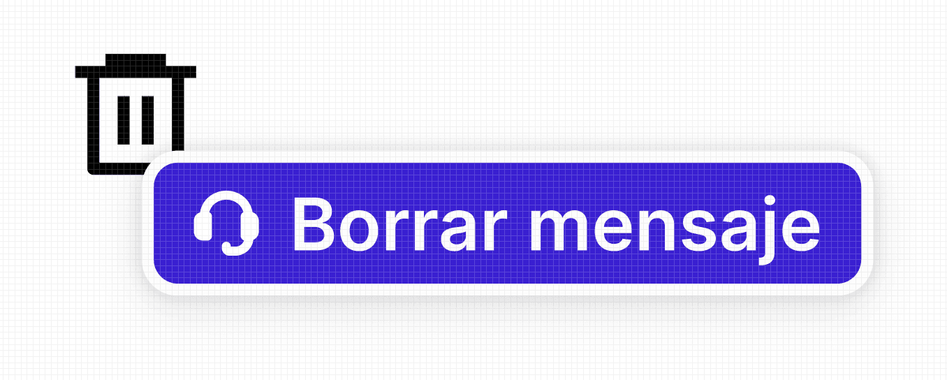 Botón con icono de papelera (eliminar), junto a una anotación de accesibilidad que dice 'Borrar mensaje'. El botón incluye un icono de auriculares a la izquierda del texto, indicando cómo esta acción sería anunciada por un lector de pantalla