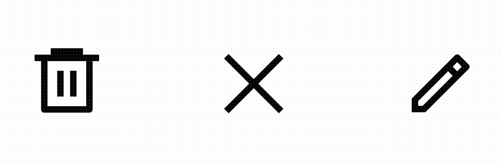 Tres iconos de acción en fila sobre un fondo de cuadrícula. De izquierda a derecha: un icono de papelera (eliminar), un icono X (cancelar o cerrar), y un icono de lápiz (editar).